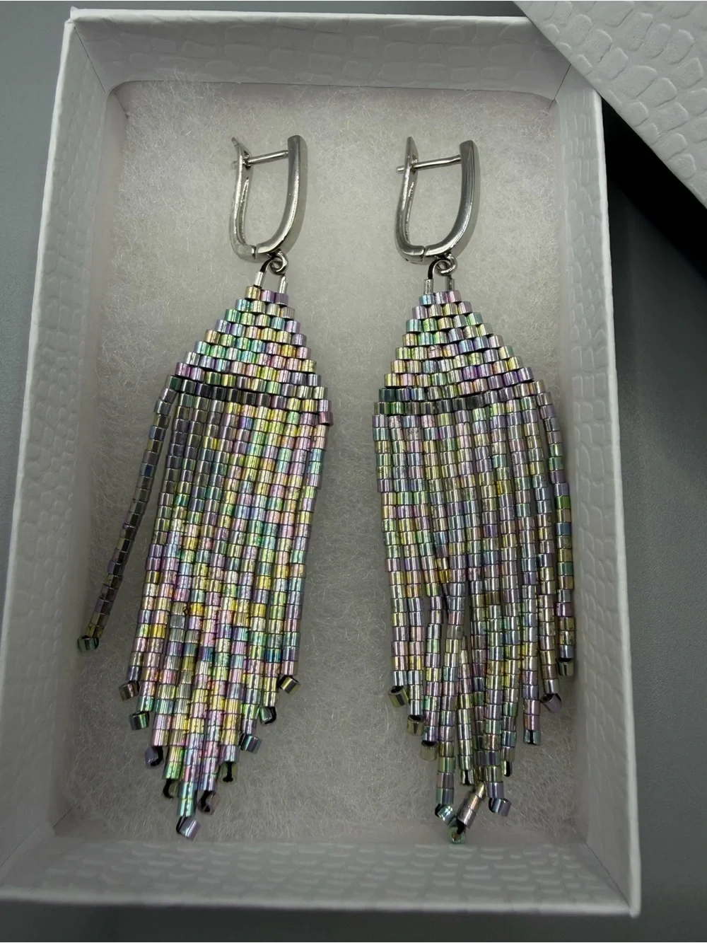Iridescent Multicolor Seed Bead Fringe Earrings - Unbranded